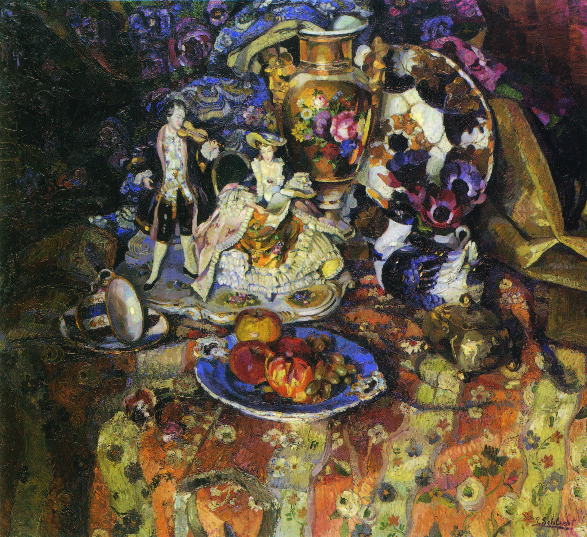Georg Schlicht: Stillleben mit Porzellan und Früchten. Ca. 1924, Öl auf Leinwand, 83 x 90 cm, Privatbesitz