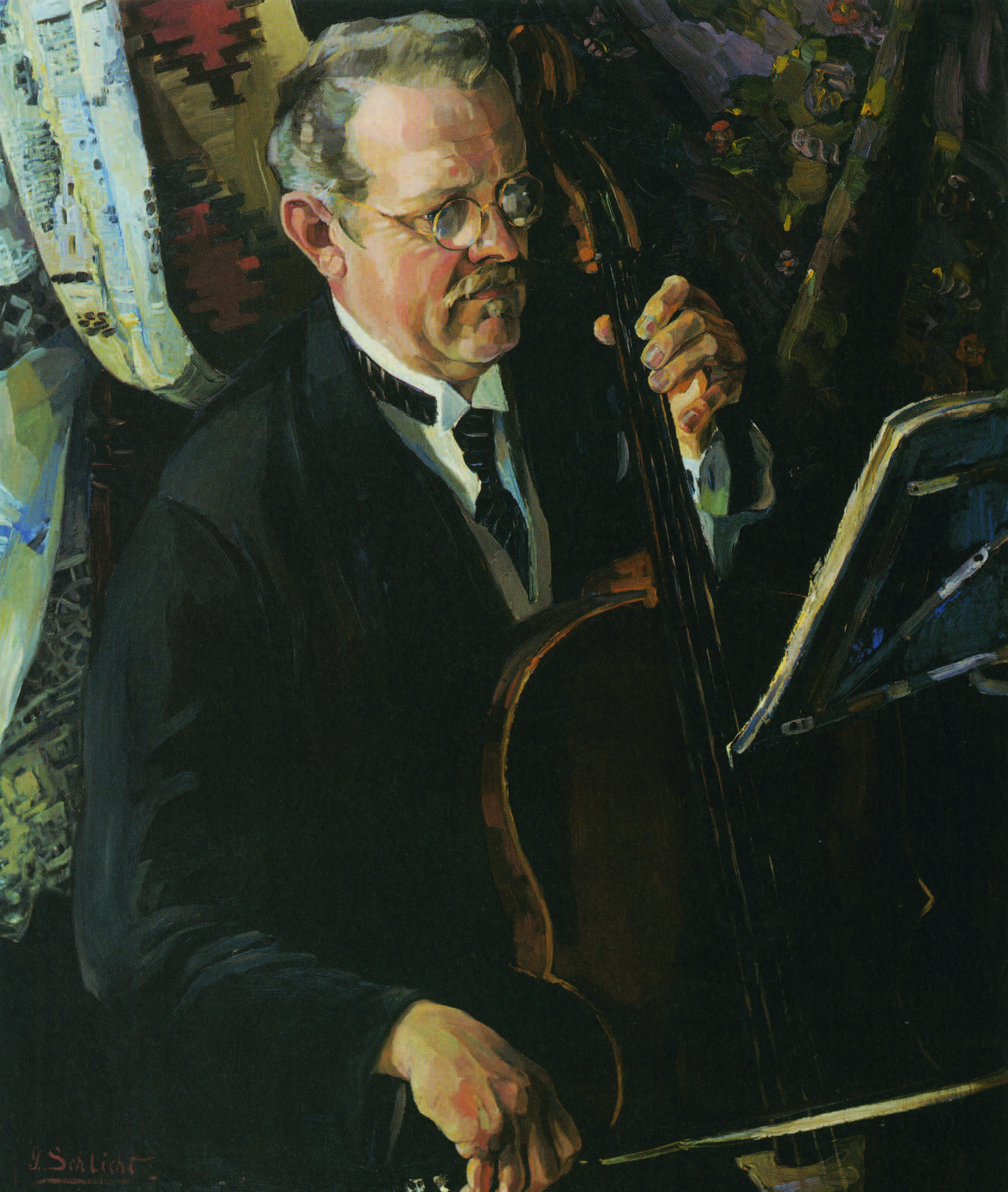 Georg Schlicht: Dr. med. Karl Du Mont mit Cello. Ca. 1923, Öl auf Leinwand, 80 x 64 cm. Privatbesitz