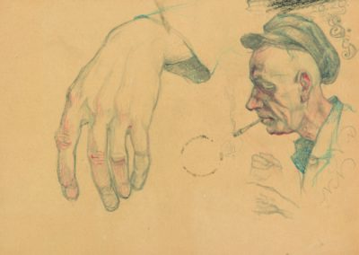 Skizzen II zu Fischer beim Netzflicken mit Selbstporträt, aus Skizzenbuch, Buntstift, 1943